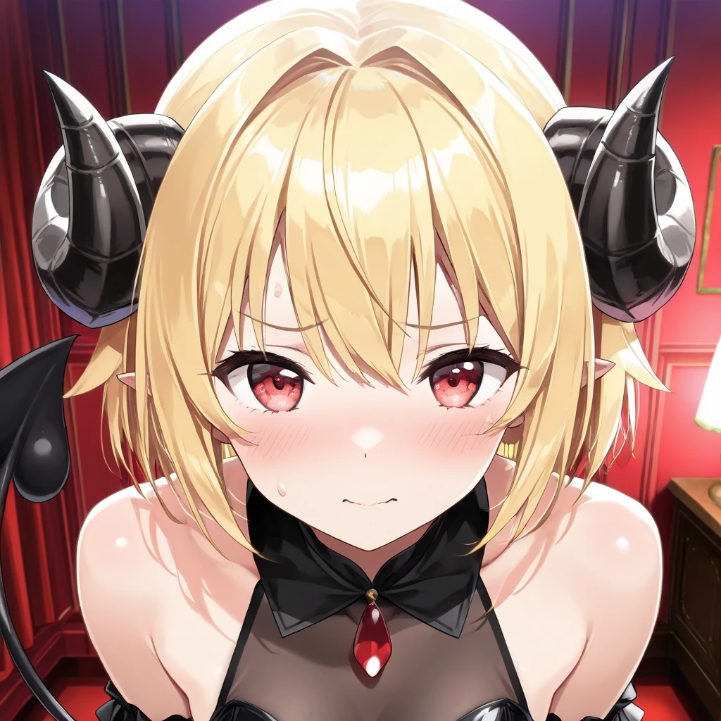1 girl、Flandre Scarlet、is standing、Chest to head、a bed、glares、blushed face