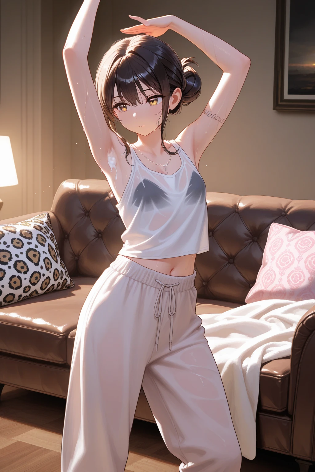 ((perfect anatomy:1.5,realistic:1.3,RAW Photography:1.3,masterpiece、highest quality、Ultra - High resolution、High resolution、Highly detailed CG、8K)),cowboy shot,1 female,solo,street dancer,18-year-old、High school girl beautiful girl,Japanese,((beautiful detailed face and eyes:1.2,big gorgeous eyes:1.2,gray eyes)),dark brown hair,short bob hair,bangs,medium breasts,slender body,small head:1.3,skinny,(oily skin,gleaming skin,shiny skin、sweat:1.7),(dancing:1.5),((HIP-HOPファッション、hoodie sweatshirt,crop top、navel、Oversized pants,sneaker shoes)),dance studio,Tokyo、