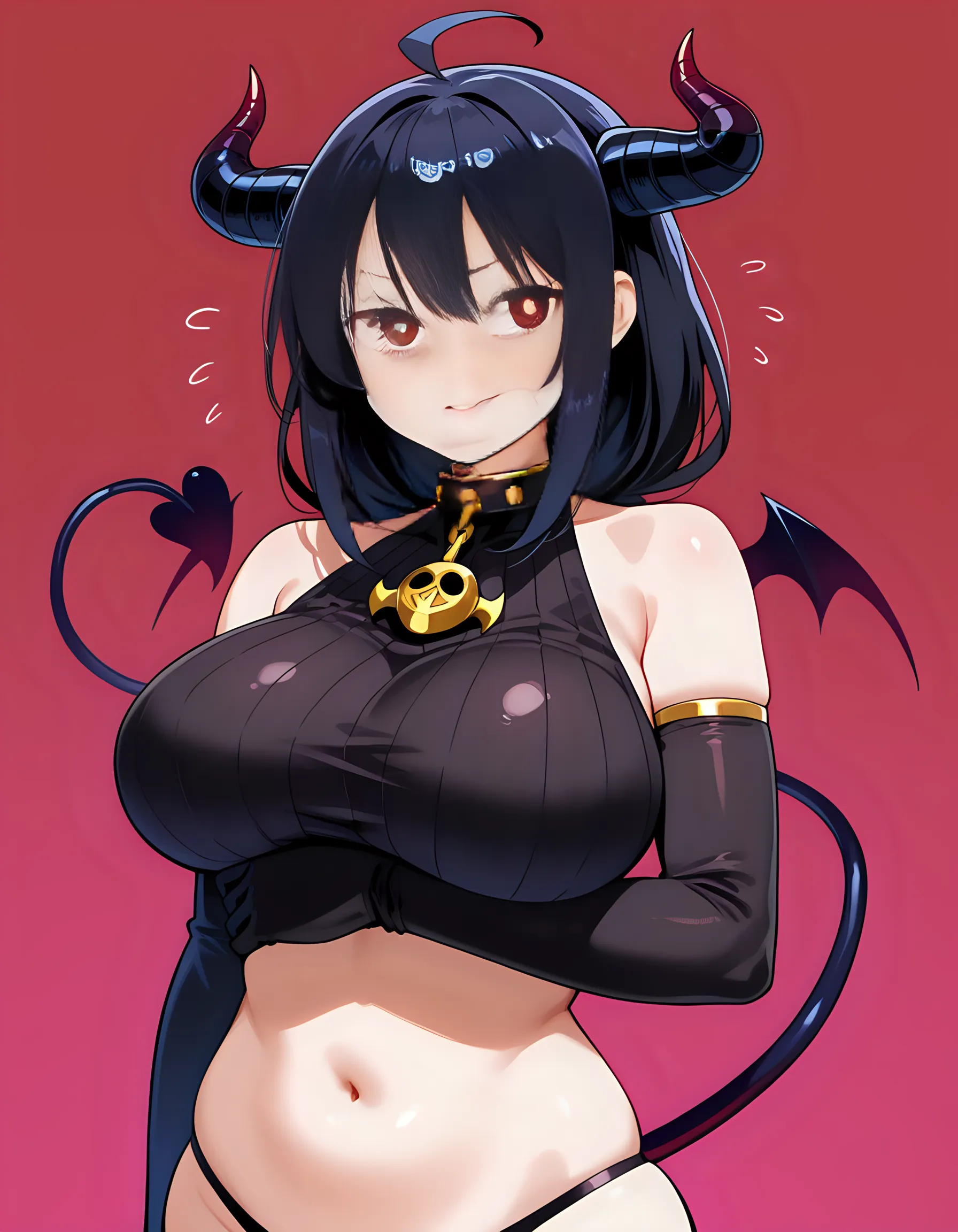 ((Highest quality)), ((masterpiece)), (detailed), (Perfect Face)、A naked woman is the devil queen Tifa Lockhart, a sexy female demon wearing a shiny black full-body bodysuit decorated with gold.、The woman is a female demon with magnificent devil horns, jet black devil wings, and a jet black tail. She is looking at the camera with a happy expression, her name is Tifa Lockhart, and she has medium long black hair and the expression of a girl in love.、The woman is Tifa Lockhart