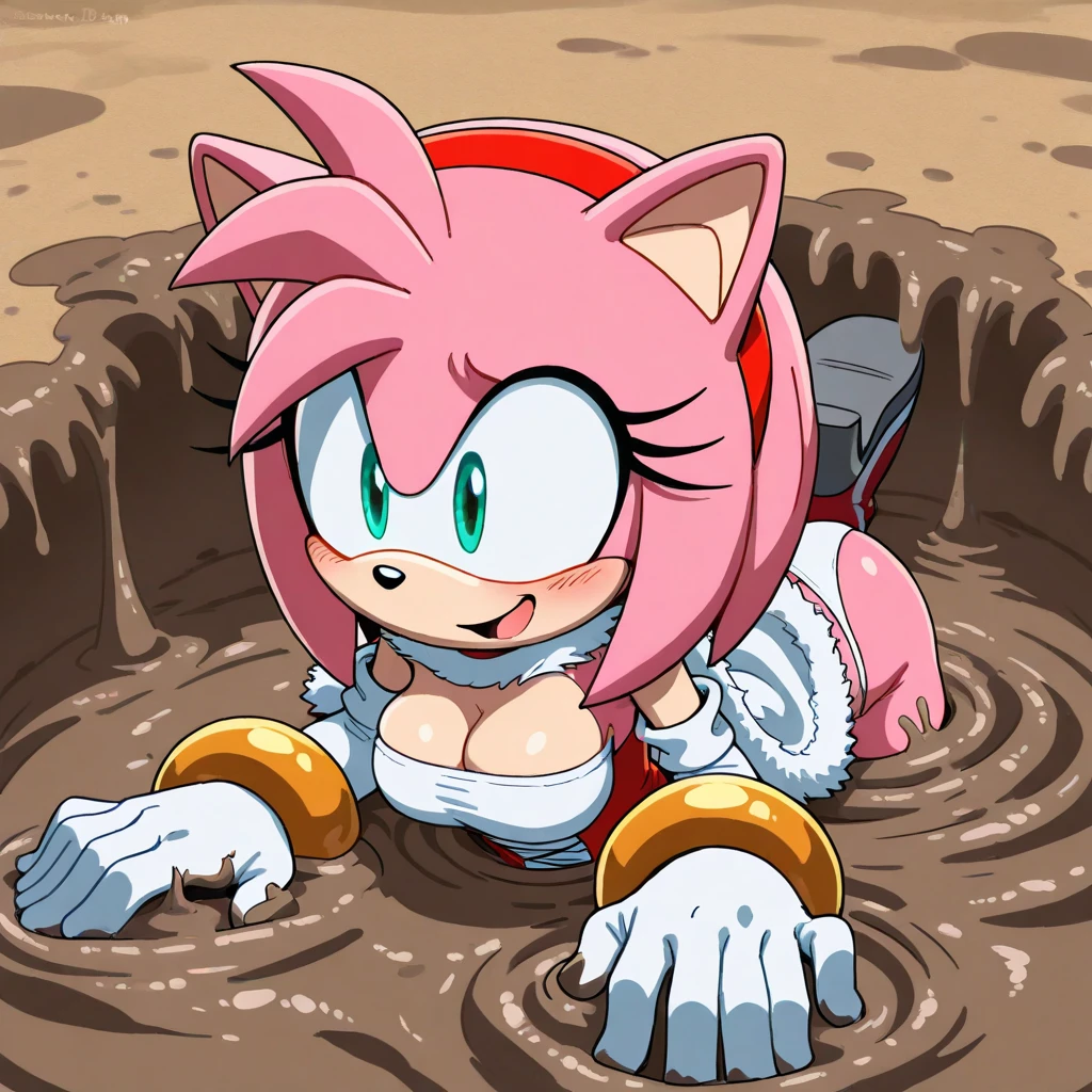 mobian girls, anthro female, female furry, detailed fur, best quality, HD, full body, ((best quality)), wamudraws, ((masterpiece)), ((shading)), Amy Rose, Rosy the the Rascal, 1girl, solo, white leotard, blue eyes, navel, sexy breasts, bust, swamp, quicksand, peril, accurate character, closed up