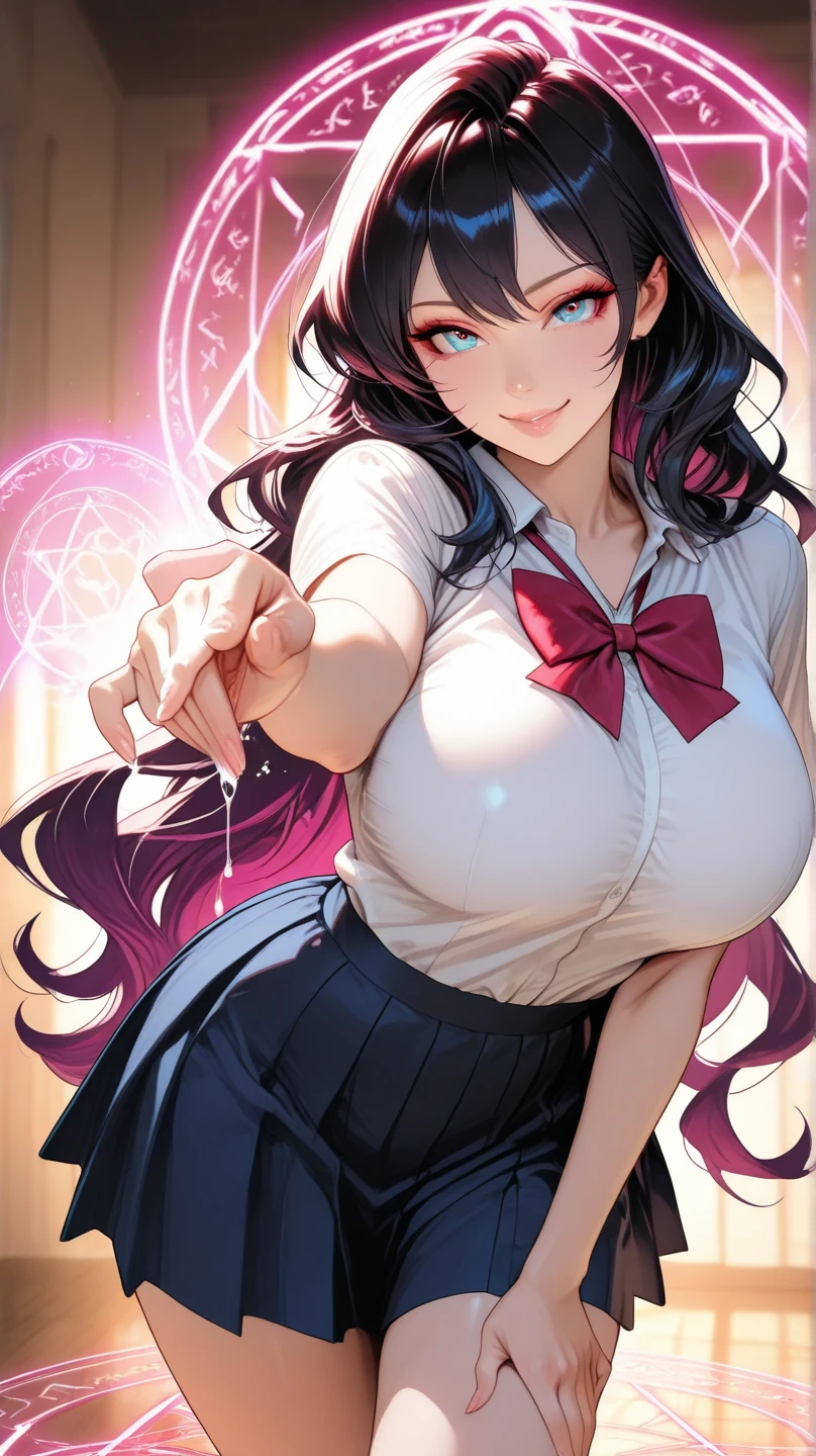 Mioda Ibuki /(Danganronpa/), bank ultra-detailed, masterpiece, illustration, 8k, masterpiece, realistic shadows, wind, gradient, volumetric lighting, cute, ambient lighting, colorful, glowing particles, beautiful detailed eyes 1girl, solo, (original outfit), dungeon background, blue and pink mage outfit, cloak, magic, fantasy