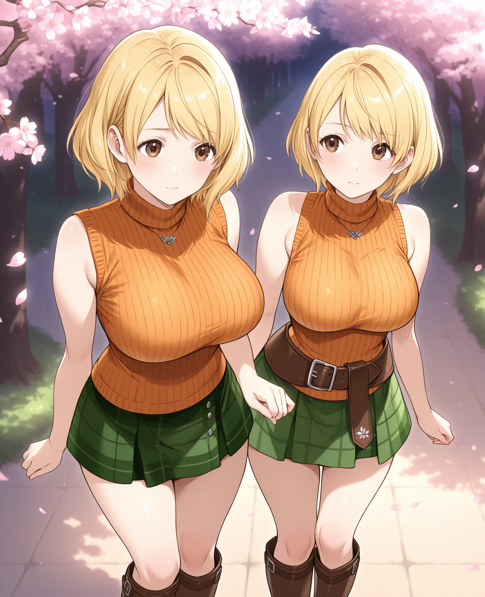 2heads, a short chubby woman with 2 heads. She has enormous breasts. She is outside in the autumn. She is wearing a jacket and scarf. She has massive breasts. She looks very happy. She looks cold. She has massive breasts.