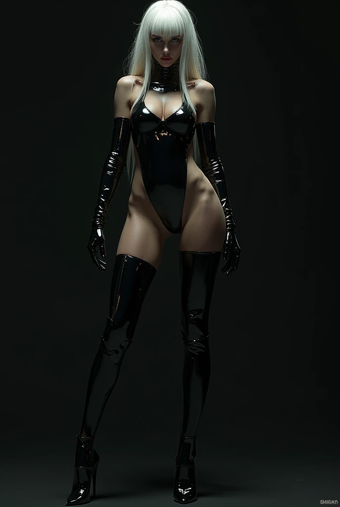 asian, full body view, very long black hair ponytail, latex black red details corset high cut leotard, body harness, thigh high tall platform boots, long black latex gloves, extreme thin waist, large hips, large , black lipstick and mascara, gothic makeup, black fishnet tights, black bodystockings