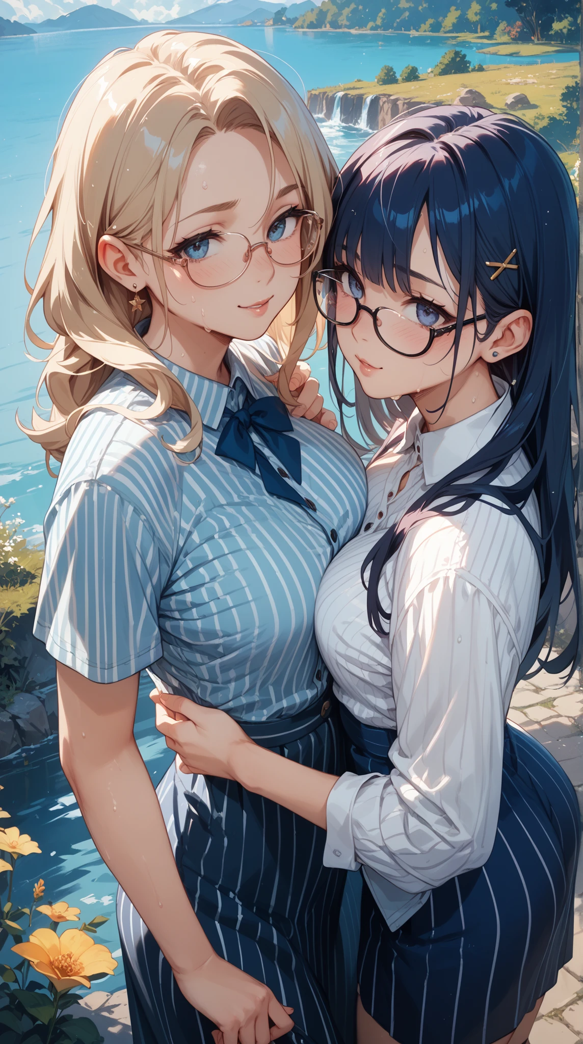 Super detailed, best quality, High resolution, Moe anime, ((((Three cute little girls with black hair and big round glasses hug each other.)))), (baby face), (Big eyes:1.5, drooping eyes:1.2), dark blue eyes, cute eyes, detailed eye description, brilliance of eyes, view audience, pale skin, (((petite))), NSFW, focus on the face, ((bust shot)), ((See-through white sailor uniform, Lower body is naked)), Nipples are showing through, at the park, From above