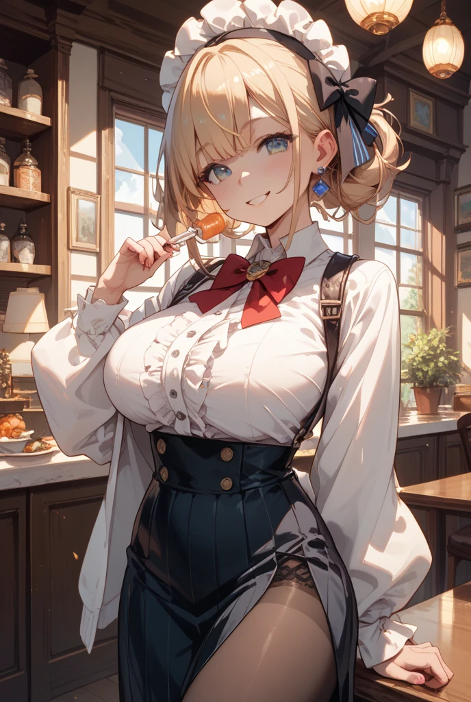 (medium breasts:0.4),(from above:1.2), ((cute Face)), (Close-Up:1.0), (( eat a cake and have a coffee)),highest quality、(real、photorealistic:1.4),(ultra high resolution, 8K RAW photo, clear focus), best qualtiy, natural lighting, field depth, (Bright pupils, detailed beautiful eyes, high detailed face), Red lip, (tight focus:1.2, from below:1.2), sexy posing, erotic cute,cooking Research Institutes(beautiful and luxurious:1.0),(double breasted:1.0,under bust:1.4), gap between buttons,(((corset belt))),(((high waist skirt,))) seductive weak smiling,(with sparkling eyes and a contagious smile),open mouth, Looking at Viewer