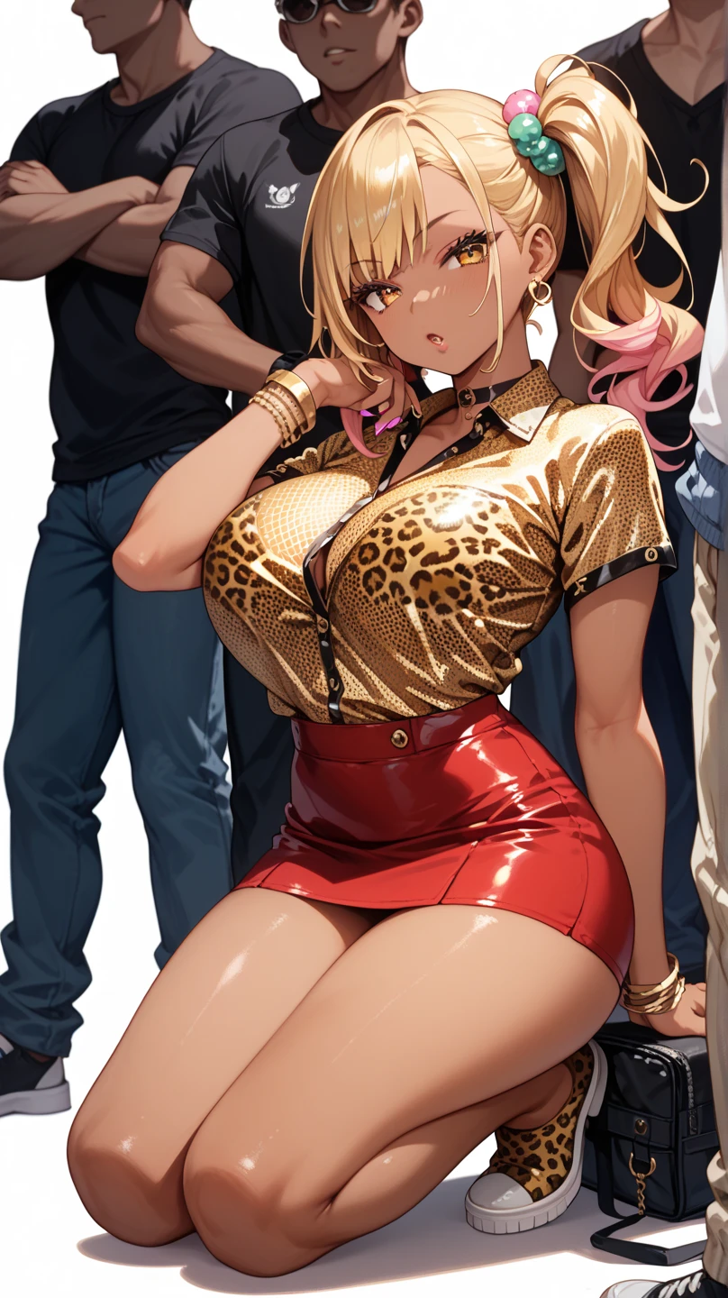 NSFW, masterpiece, best quality, highres, manhattancafe, ahoge, yellow eyes, (hair over eyes:1.2), hair between eyes, horse ears, horse tail, blonde, necklace, earrings, kogal gyaru, jewelry, hair ornament, bracelet, (tan), (makeup), polished nails, long fingernails, sagging breast, huge breast, dress shirt, red skirt, pleated skirt, bra peek, leopard print, dark skin, 😄, hands on hip, thighhighs, pussy juice