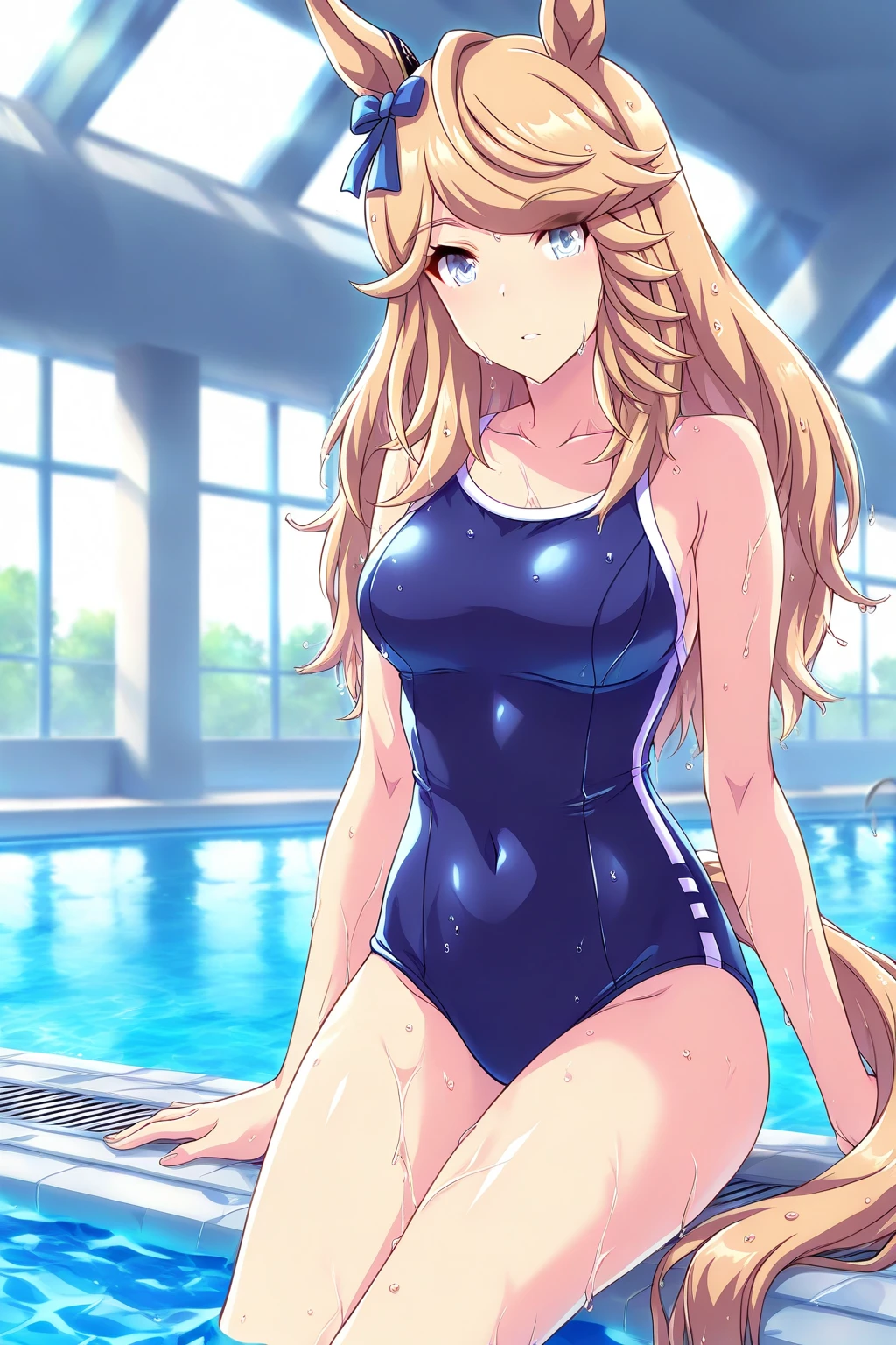 best quality, oriana rose, long hair, blonde hair, yellow eyes, drill hair, bangs, blunt bangs,school swimsuit,clavage,large breast