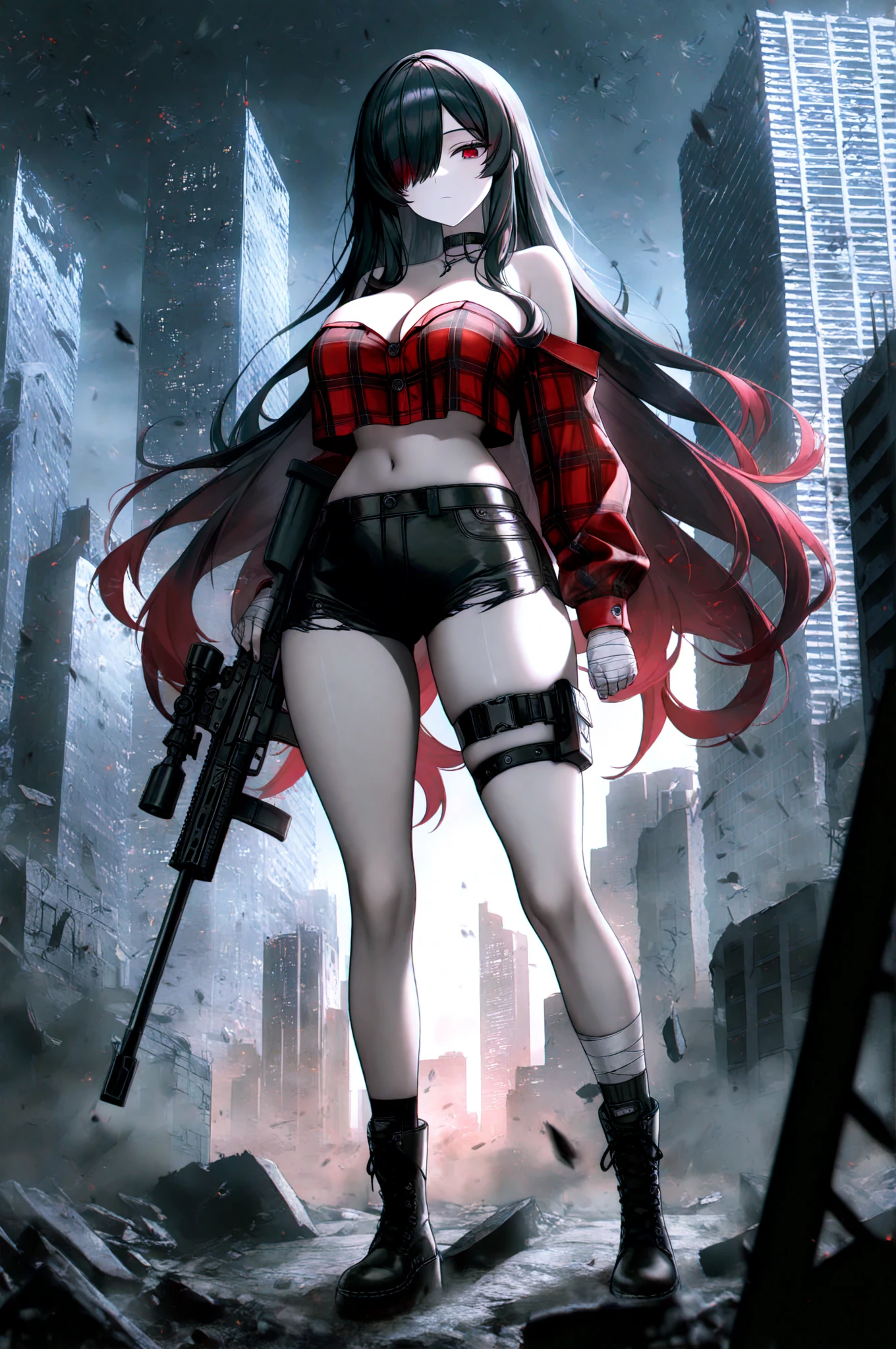 Anime Style masterpiece Unreal Engine Precision Cute Girls giant girl (Tifa Lockhart, bigger than a skyscraper)) ((Destroyed city in flames)) ((Fire)) ((Destroyed buildings)) ((Destroyed cars)) ((Pile of rubble)) ((tifa lockhart((Final Fantasy 7))))) 90's Giant Girl on the Road in the Big City Uniform Skirt ((Dim cloudy sky)) Female Giant huge girl full body Destroyed skyscrapers, destroyed cars, crowd Unreal Engine,