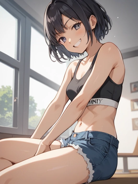 ((beste-Quality、8K、A masterpice:1.3))、1girl in、Slim Abs Beauty:1.3、(Hairstyle Casual、large tits:1.2)、Super fine face、Delicate eys、双眼皮、a smile、home、Athletics、suntanned、sunburn marks、black hair short cut、
