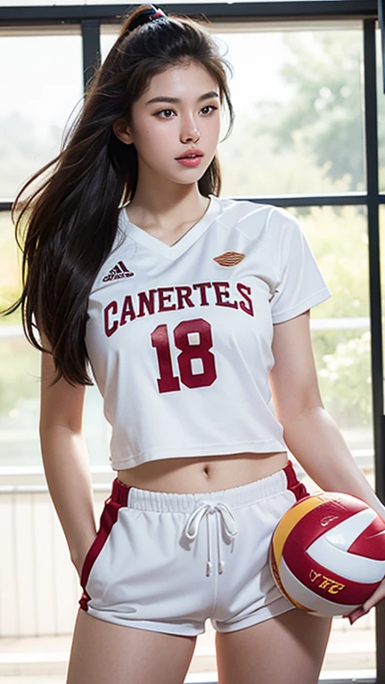 Photorealistic, Ultra realistic, 16k, high quality, cinematic lights, dream atmosphere, dream aesthetic, 1girl, realistically, high resolution, soft light, fair, Tempting, Sexy, White Americans, 18 years old, Tall and thin, Wearing USC volleyball uniform, stand completely, in the gym, face camera, silky pale-brown hair, flushed skin illuminated, realistic textured skin, realistic shading, women's volleyball tight uniform, sweaty, large natural breasts, realistic textures, belt, 16k resolution, detailed face and eyes, muscular female body, strong arms, lean belly, big hips, muscular thighs, thick legs, full body, realistic, style-paintmagic, different positions at different types of angles. 