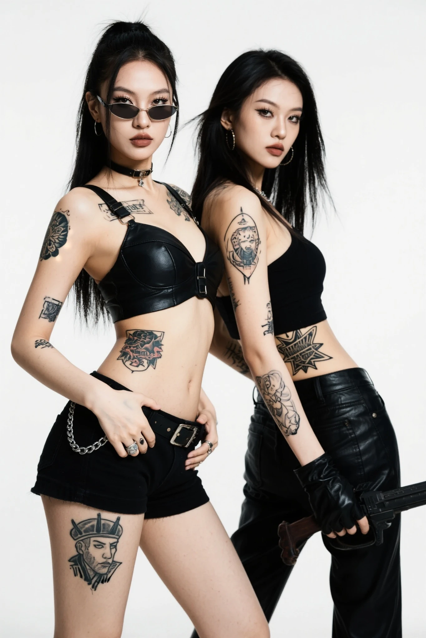 19 year old woman, alone, long black hair, very pale skin, shy expression, very detailed face, European features, wearing a long black see thru dress, a nipple ring, black choker around her neck, black tribal tattoo on her thigh, black combat boots, standing in a desert with bright blue sky that has 2 suns.