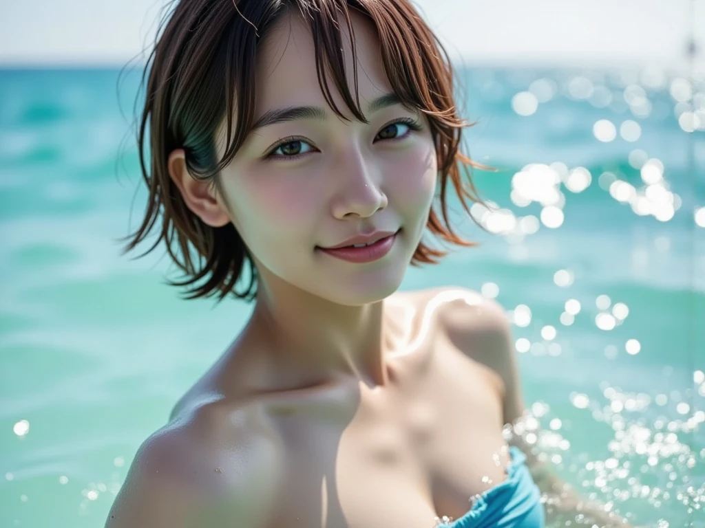 best quality, masterpiece, (realistic:1.2), 1 girl, (silhouette lighting:1.4), (smile:1.3), (face close-up, upper body, head shot:1.4), (tomboy, light brown pixie cut hair with bangs:1.2), (slant eyes, blue eyes:1.5), detailed face, beautiful eyes, (tanned skin, gold embroidered white bikini:1.3), (small breast, under boobs:1.5), (swimming in the tropical sea, midsummer, clouds:1.4), splashing water
