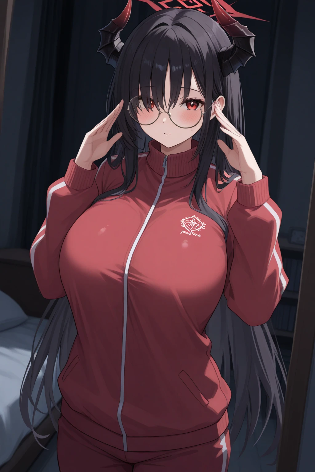 score_9, score_8_up, score_7_up, score_6_up, score_5_up, score_4_up, (8k, RAW photo, best quality, masterpiece:1.2), 1girl,hair ornament,black hair,long hair,hair flower,hairclip,red eyes,braid,bangs,hair between eyes,masterpiece, best quality, photorealistic, 1girl, solo, looking at viewer, smile, long hair, breasts, curvy ,huge breast, track suit jacket, dolphin shorts, cowboy shot, standing, fullbody 