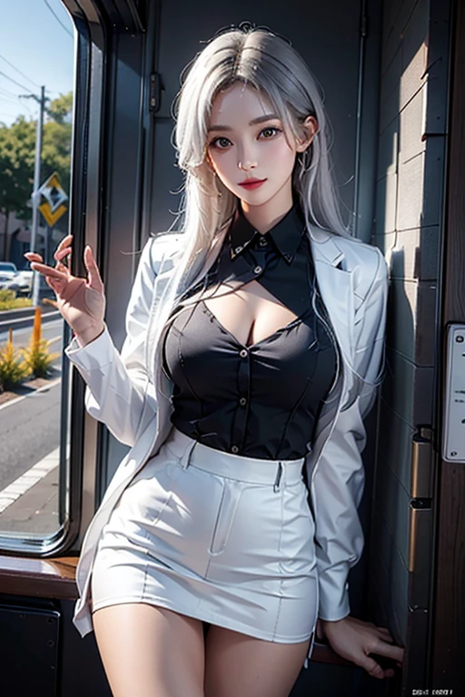 ，masterpiece, highest quality，8K, ultra high resolution，ultra high resolution，dynamic pose、Office worker suit、Oversized white shirt、cleavage、lie in bed、silver hair