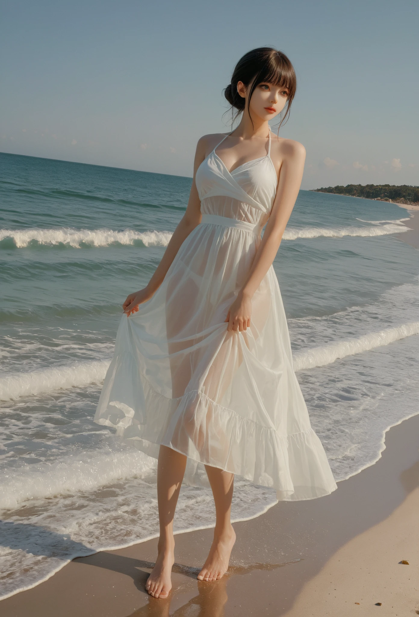 Woman standing by the sea,Wearing a bandeau tulle long dress,The figure looms,High cold woman,Wear closed-toe heels,heeled sandals,Wearing exaggerated earrings,耳Nipple Ring,The earrings hang down to the shoulders