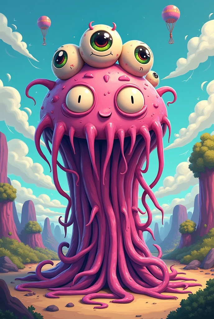 Illustrate the Gigantron Gummy Monster, a giant made of pink bubble gum, spreading sticky threads all over the planet.