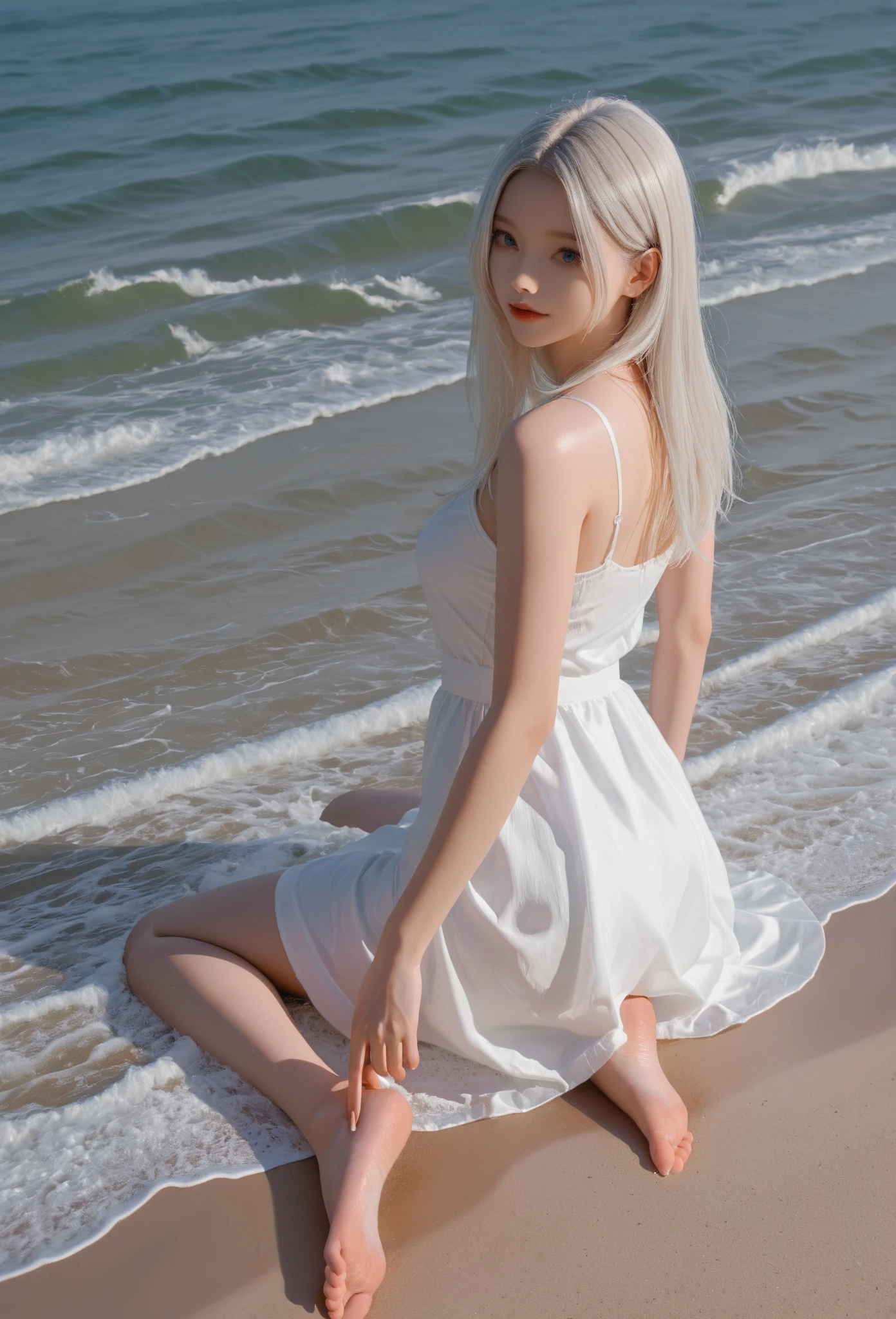 Female girl anime style sitted in ground barefoot and skirt white hair looking the beach pale skin in the night not looking at the camera correctly anatomy 5 toe on feets