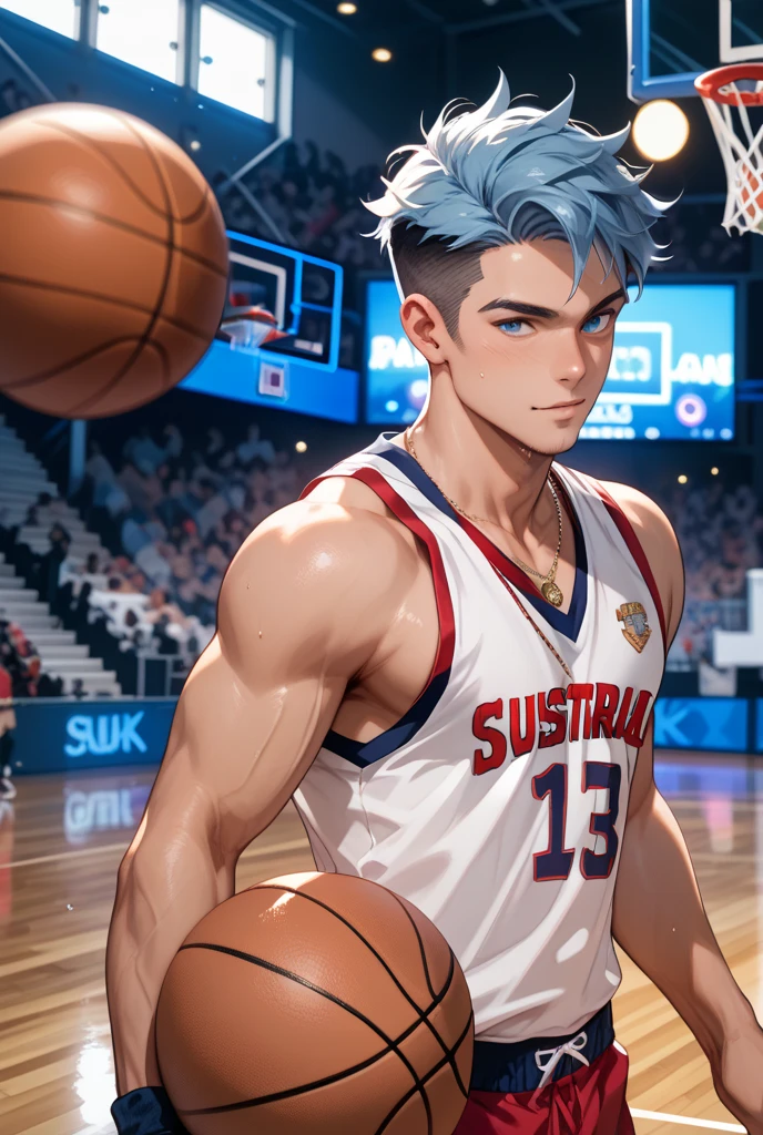 1boy, adult, handsome, perfect face, detailed eyes and face, clean shaved, muscular, capturing a rural atmosphere, dynamic lighting, unreal engine 5, hd picture, satoru gojo, white hair, short hair ,hair between eyes ,blue eyes, white skin, milk nipple details, pink nipple, Right hand holding a basketball, basketball stadium background