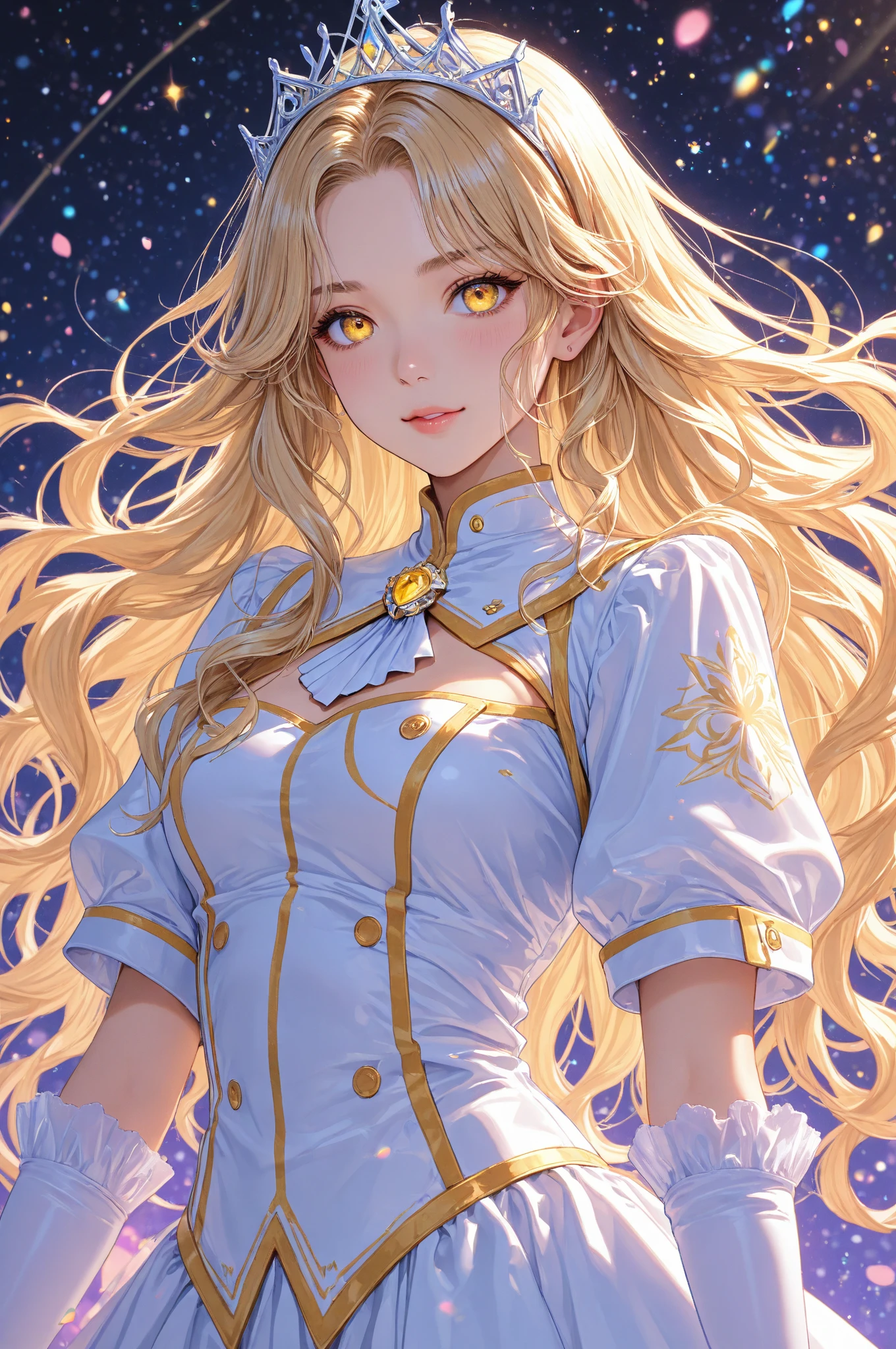 (best quality:1.5, highres, UHD, 4K, detailed lighting, shaders), gold floral haired, gradient hair, large breasts, white suit, white social long pants, mature woman , (pov), white background, colorful eyeshadow, dramatic lighting, sparkling eyes, sensual expression, golden earrings, flowing hair, delicate facial features, soft skin, high cheekbones, urban setting, white background, lean forward,
