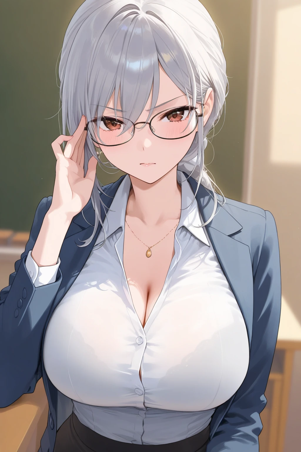 meikoshiraki, <lora:meiko shiraki s1-lora-nochekaiser:1>,
meiko shiraki, grey hair, glasses, hair bun, single hair bun, (brown eyes:1.5),
BREAK skirt, shirt, thighhighs, cleavage, school uniform, open clothes, choker, black thighhighs, zettai ryouiki, open shirt, no bra,
BREAK indoors, classroom, school,
BREAK looking at viewer, (cowboy shot:1.5),
BREAK <lyco:GoodHands-beta2:1>, (masterpiece:1.2), best quality, high resolution, unity 8k wallpaper, (illustration:0.8), (beautiful detailed eyes:1.6), extremely detailed face, perfect lighting, extremely detailed CG, (perfect hands, perfect anatomy),