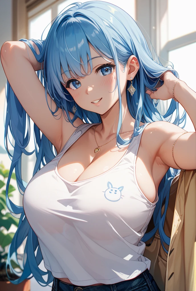 1 girl, bright blue hair, orange sweater, outdoor, long hair, breasts, smile, detailed face, beautiful detailed eyes, beautiful detailed lips, extremely detailed eyes and face, long eyelashes, (best quality, 4k, 8k, highres, masterpiece:1.2), ultra-detailed, (realistic, photorealistic, photo-realistic:1.37), portraiture, vibrant colors, natural lighting, warm tones, large breast, sensual Perfect body.