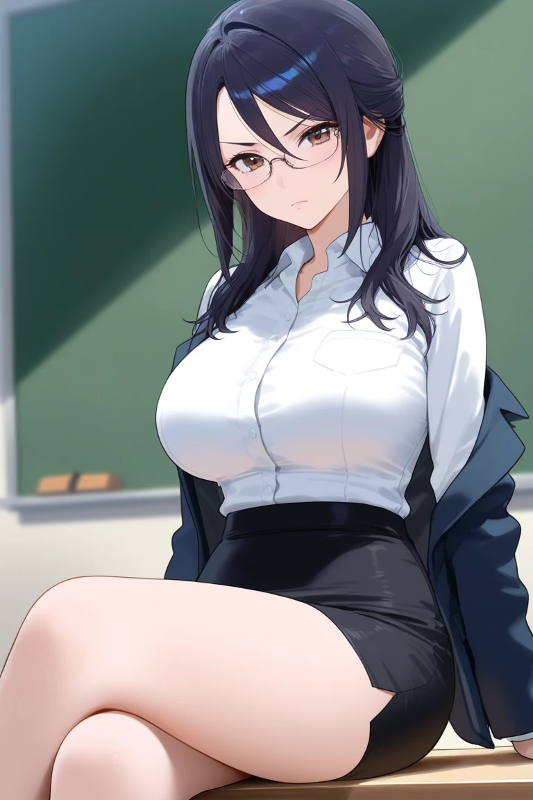 Top quality, classroom, female teacher, beautiful face, beautiful eyes, sharp eyes, intelligent features, long black hair, huge breasts, curvaceous, narrow waist, white shirt, black tight skirt, (disheveled hair), (disheveled clothes:1.1), (sweat:1.3) , bewitching smile, obscene appearance, (Love juice: 1.1), (Sex with men:1.2), legs spread, penis in vagina,