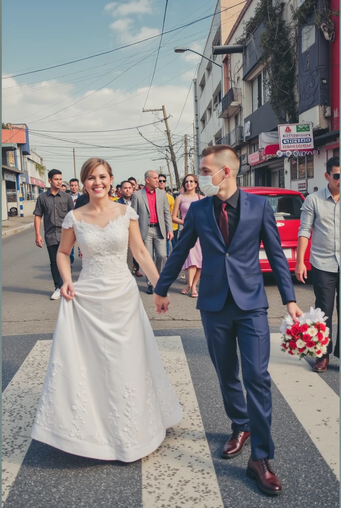 A man dressed in a suit is running away from a woman in a white wedding dress, holding a bouquet of flowers in her hand, em uma rua movimentada da cidade. The surrounding scenery is urban, with tall buildings and heavy traffic. The expression on the man&#39;s face is one of fear, while the woman has a determined expression.