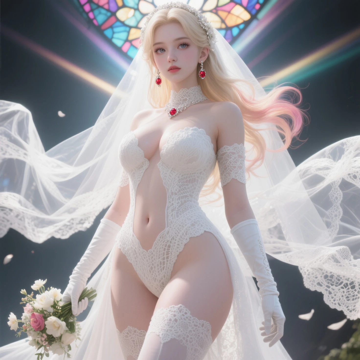 { wide-angle | FullBody:1.2 | Dynamic-angle | Ass focus }, (Whole Body proportions and all limbs are expressed in anatomical precision),(((masutepiece:1.25))), 8K highres, { Physically-based rendering | White and Vivid colors | Zoom Layer }, { (((Photorealistic:1.37)))| (F/4.0, canon) }, (Detailed glistening skin), Detailed face and eyes, { ((Beautiful bride goddess))|(Brilliant Red shiny Ruby accessories) | earrings | Ruby ring | Delicate white lace knitted see-through wedding dresses | Flowers | Floating hair| Random hair color | Blonde hair }, { (Mystical sight) | God rays |((colorful Light shines through stained glass:1.2)) }, { Gigantic Cleavage:1.37 | Overflowing | Biomechanical HUGE and HEAVY boob | Underboob |(Navel)| Bleeding from pussy | Dripping blood from crotch | (Blood stained crotch) | Menses | Ass focus }, { (Praying) | (Delicate and feminine hands expressed in anatomical precision) | White elbow_gloves | no Dutch angle }, (((no extra limbs)))