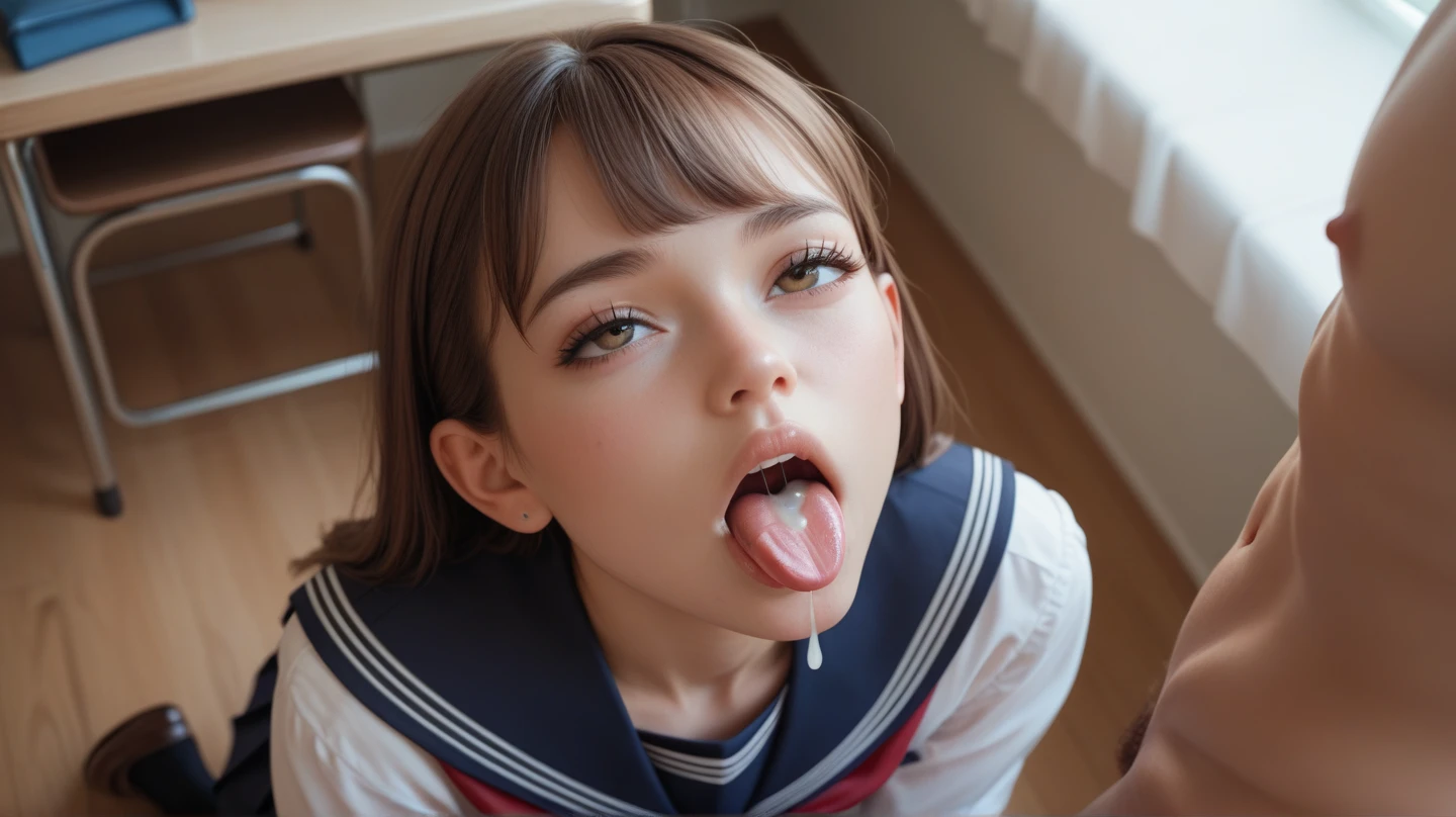 Soft tone photos、(Burstingly Big Breasts:1.3)、((masterpiece, 最high quality, 8k, One Girl, Blowjob Pose、penis))、high quality、masterpiece、Ultra-high resolution、beautiful girl、beautiful girl顔、Cute girl face、Wear a sailor uniform、School Swimsuit、、Twin tails