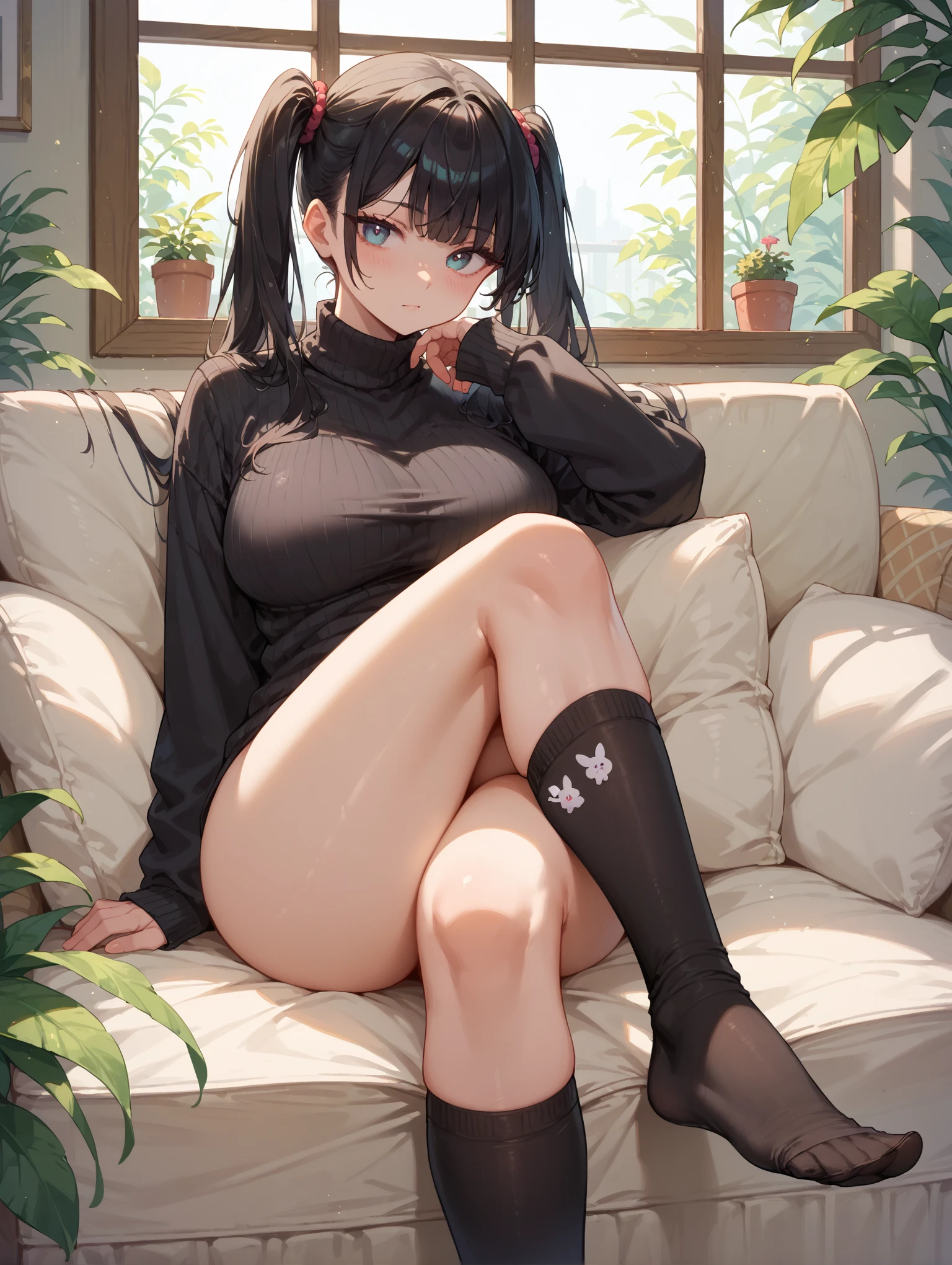 - **Appearance:**
  - **body hair:** rot, long and tied into a high ponytail.
  - **eyeballs:** rots.
  - **Expression:** Determined and a little angry.
  - **badass clothing:** 
    - Upper part: that&#39;s why.
    - Bottom: Black shorts with white drawstring.
    - Socks: black thigh-high socks.
  - **Physicist:** Athletic and curvy.
  
- **Accessories:**
  - **aretes:** aretes de estrela pretos.

- **scenario:**
  - **Local:** Modern living room with minimalist decor.
  - **FURNITURE:** 
    - Light gray sofa.
    - Black coffee table.
    - Wooden shelf with television and decorative plant.
  - **floor:** light wood.
  - **lighting:** well lit, with natural light coming in through the window.