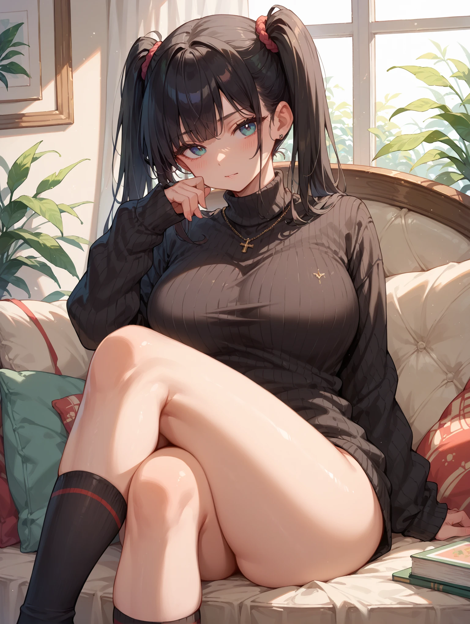 quadratic element,anime big breast,brunette color hair,黑The eye,dual horsetail,Red top,black short skirt,over knee socks,Tsundere,Rin Tosaka