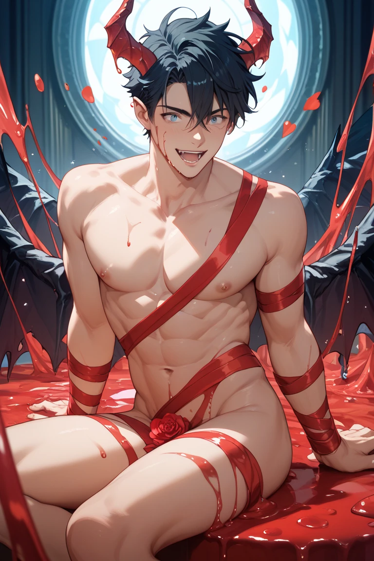 1boy, male, cute face, pale skin, fairy, fairy wings, red fairy wings, red eyes, black hair, short hair, red hair, blood hair, sexy, skimpy, blood priest, blood magic