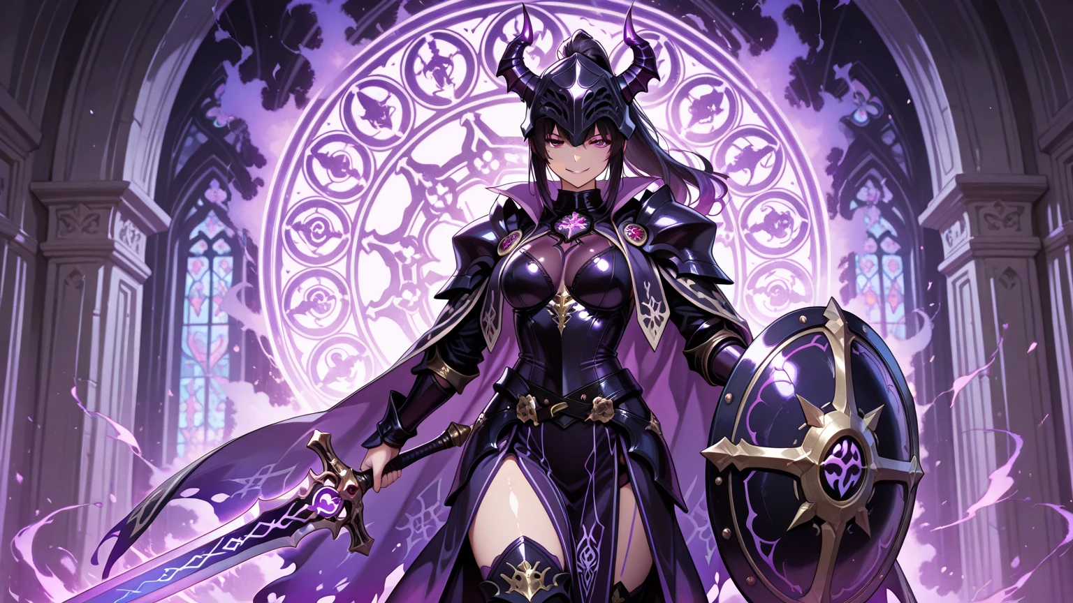 solo, ,Purple Hair, Bob Hair, chest, High resolution,  Back view, Holy Warrior,White and golden armor,Light clothing,Thighs,Luxurious spear,Emits purple light,Bali Bali Effect,Intimidation,cute