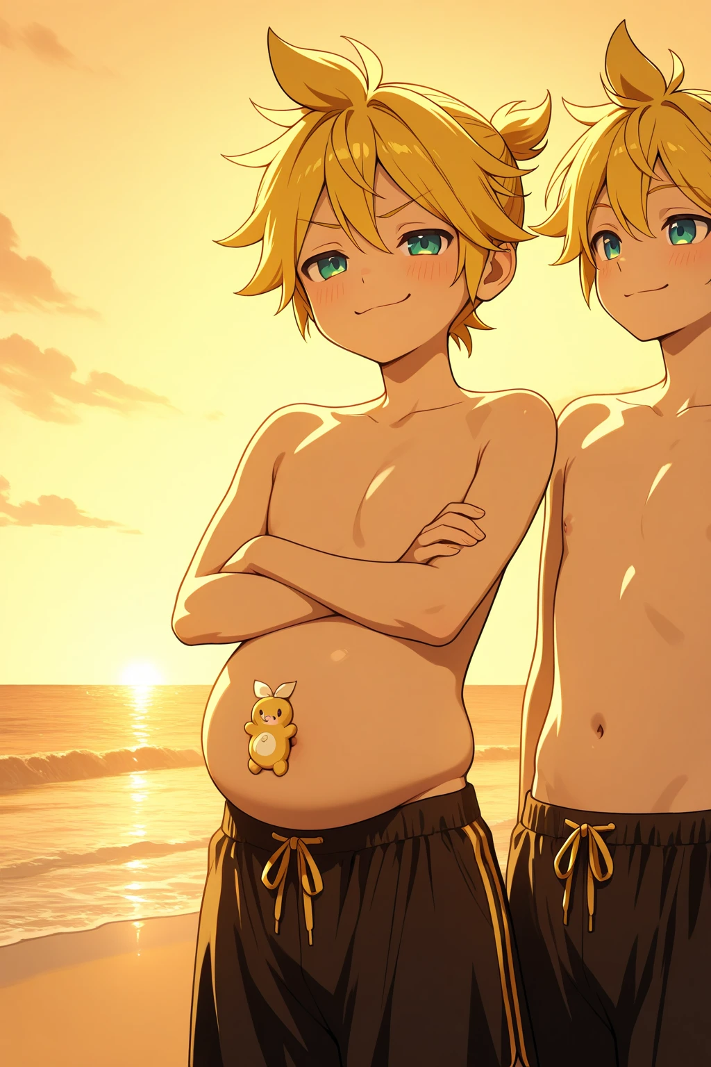full body, male focus, muscular male, best quality, amazing quality, best aesthetic, absurdres, chilling at the beach, gay couple, official style, year 2023, game cg, looking at viewer, happy, looking at each others bellies, together on picture, yaoi, gay couple, emphasizing the extraordinary size of pregnant belly, pregnant belly, wet with milk dripping, (bakugou katsuki), boku no hero academia, nipples, arms back of head, wearing black short underwear, grin.