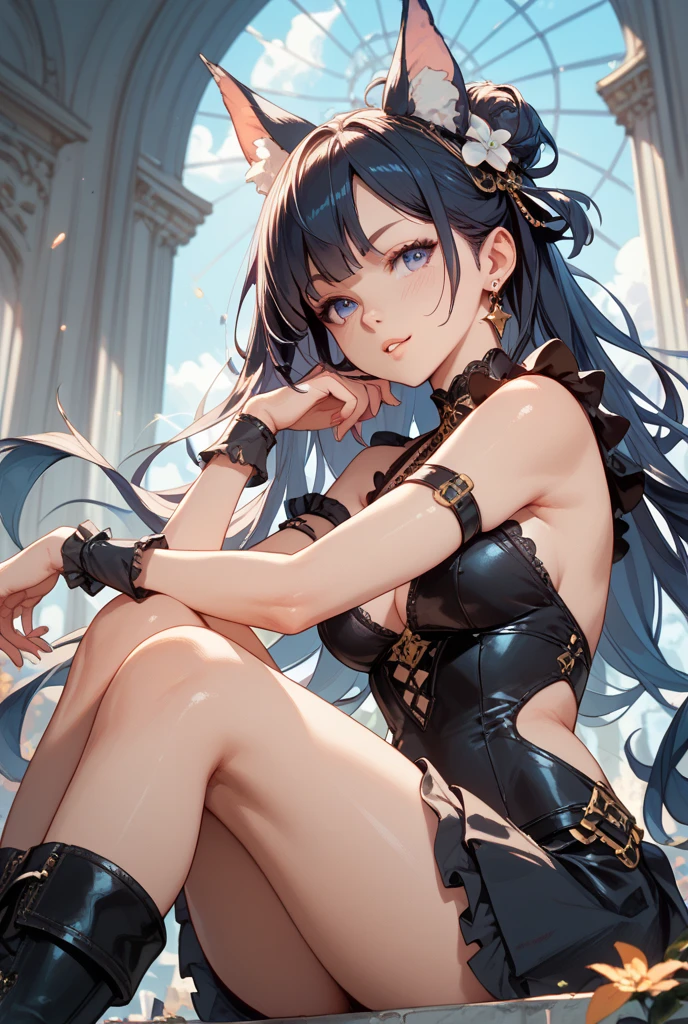 A girl with smooth black-blue hair,golden eyes, fair skin tone, slender and athletic built, warrior wear, detailed hair, detailed body, aesthetic, Wide-Angle, best quality, 8k