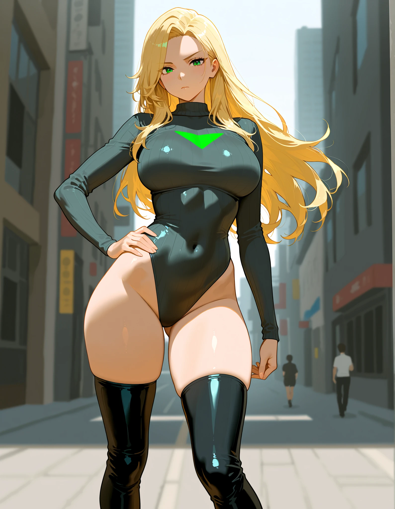Code Geass art style, C.C, 1girl, (((bimbo))), long green hair, yellow eyes, ear rings, puffy lips, painted lips, thick lips, wide hips, thick thighs, small round breast, huge ass, revealing cleavage, erotic, sexy face, bubble butt, Brazilian butt lift, black suit, high heels, night, skyscrapers, looking up at the sky, aesthetics, cyberpunk, neon lights,
