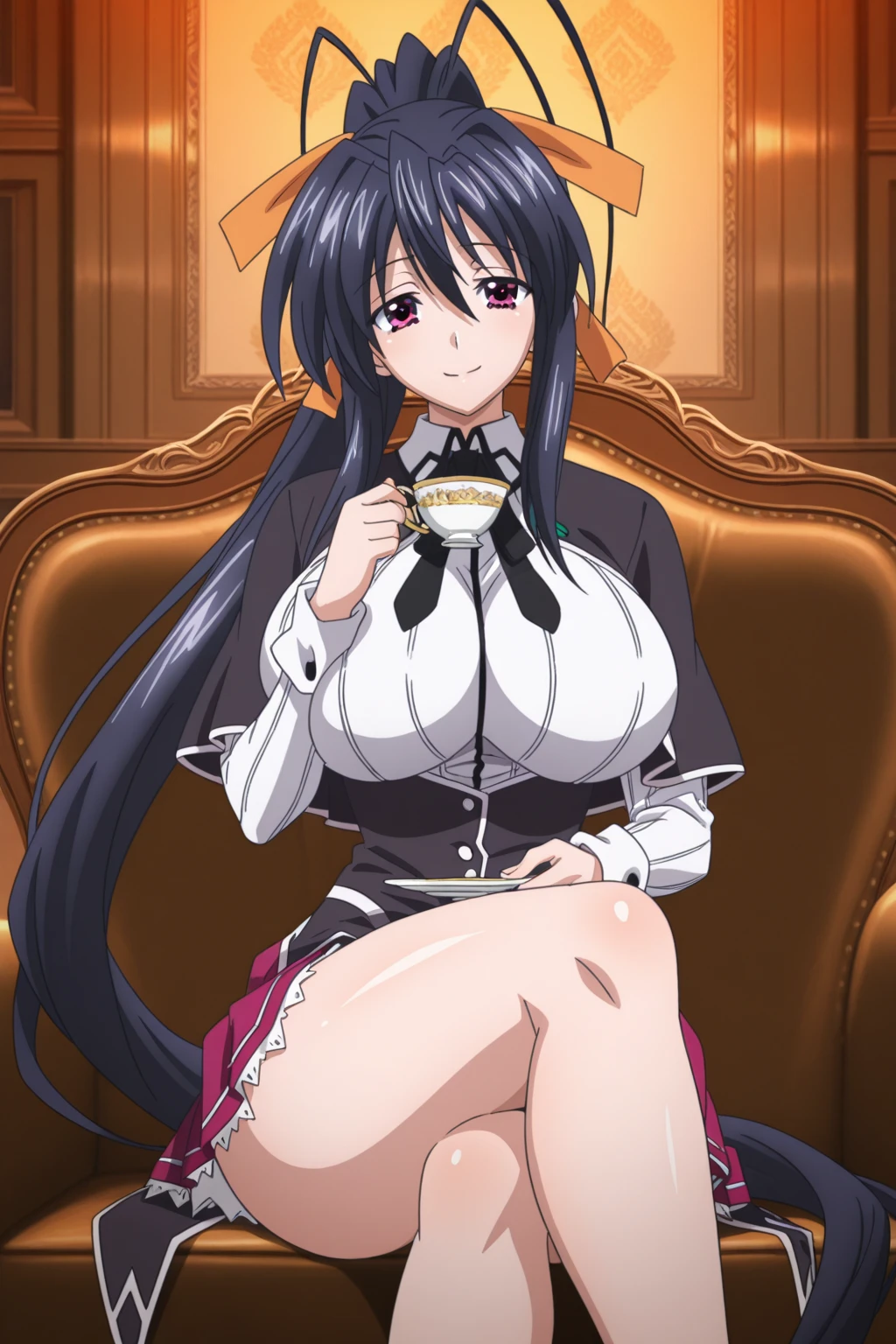 Himejima Akeno、Long Hair、(draw the eyes:1.2)、one person、blush、smile 
、Sit down
、You can see her chest


、I can see her white panties 
、(highest quality)、(Fine skin:1.3) 