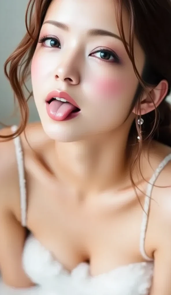 ExtremelyDetailed Kawaii girl Face (Close-up of KissableTongue)((Kissing to Camera)) glossy lips with beautiful details, extremely delicate and beautiful (TopQuality Masterpiece of 8K Ultra-detailed(ProfessionalPhoto:1.37)), {Amazing|finely detail|official art|incredibly absurdres} (close-up:1.22), fish eye lens (wide lens) macro lens, Detailed reflective Eyes ElaboratePupils with (sparkling highlights:1.28) Detailed(Voluminous LongEyelashes:0.88), {from Above|Visible back of throat|String of saliva drip}, ( shoulder:1.32), Dripping(WhiteJuice on tongue:1.33) snow particles 
