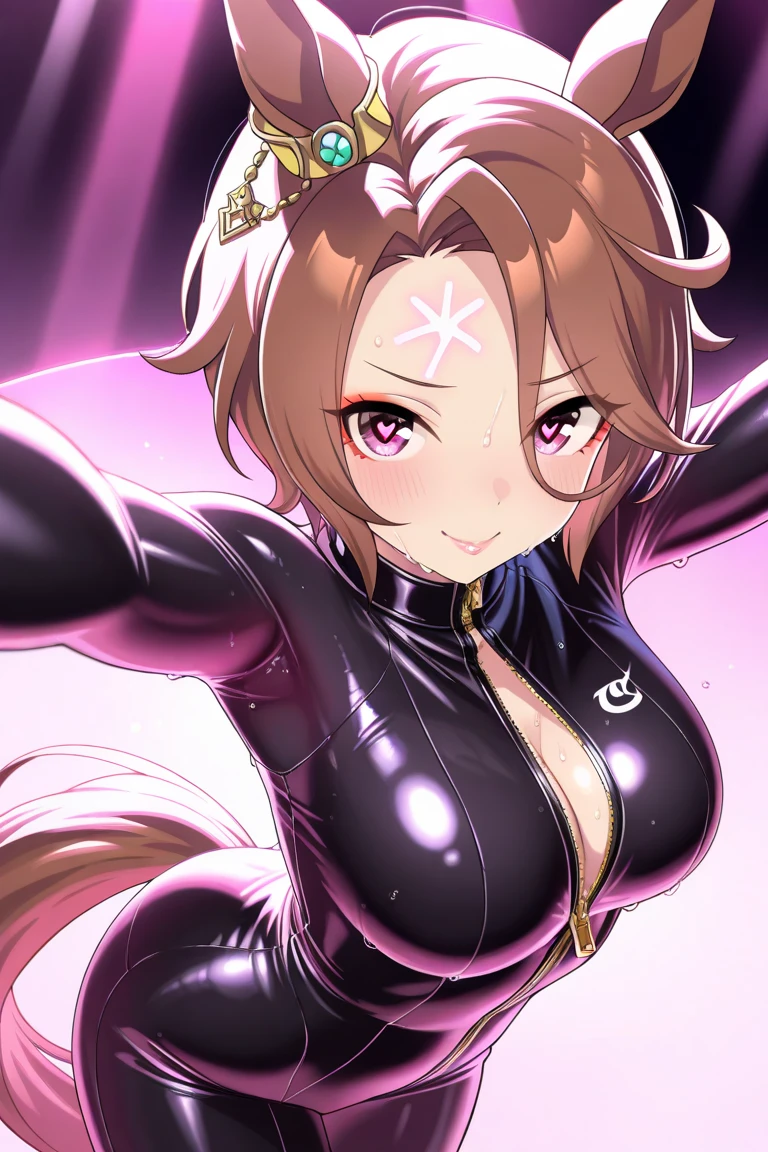 Ochako Uraraka from My Hero Academia. The design showcases her irresistible charm and captivating presence through a highly suggestive outfit that leaves little to the imagination. Inspired by the character's iconic appearance, we created a custom ensemble comprised of a form-fitting black bodysuit covered in intricate lace patterns, accented with strategically placed cutouts revealing tantalizing glimpses of the skin beneath. The centerpiece of this ensemble is undoubtedly the voluminous skirt comprised of multiple layers of sheer fabric—chiffon, organza, and mesh—expertly wrapped around her hips before cascading in a flowing train behind her. The colors are bold yet elegant; Deep reds pair perfectly with shimmering gold threads woven to add drama.