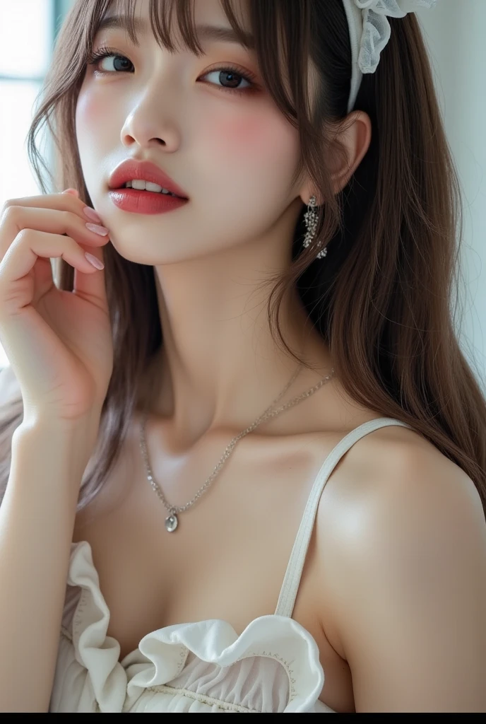 Canon RF85mm f/1.2,masterpiece,best quality,ultra highres,vc,1 girl,(korean mixed,kpop idol:1.2),solo,white_shiny_skin,black eyes,necklace,((brown_long_wavy_hair)),((pink_shiny_lips)),eyelashes,bangs,aface,make-up,shiny,Pore,skin texture,bracelet,offshoulder,see-through,big breasts