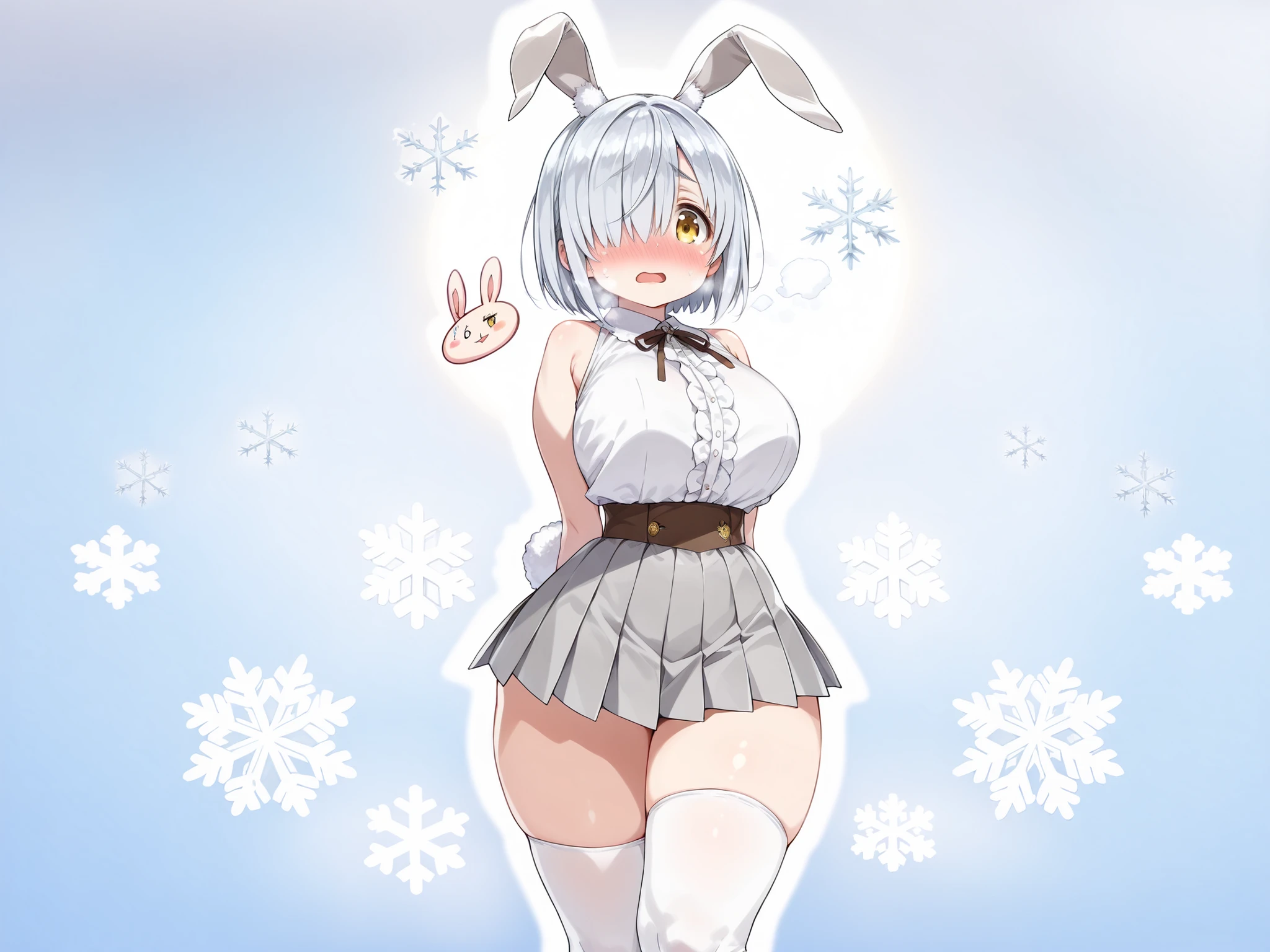 Cheerful bunny girl, see-through attire, white bunny, caring smile, reverse bunny, holding a huge stuffedtoy, behind view, cute bunny tail, fluffy, perfect butt