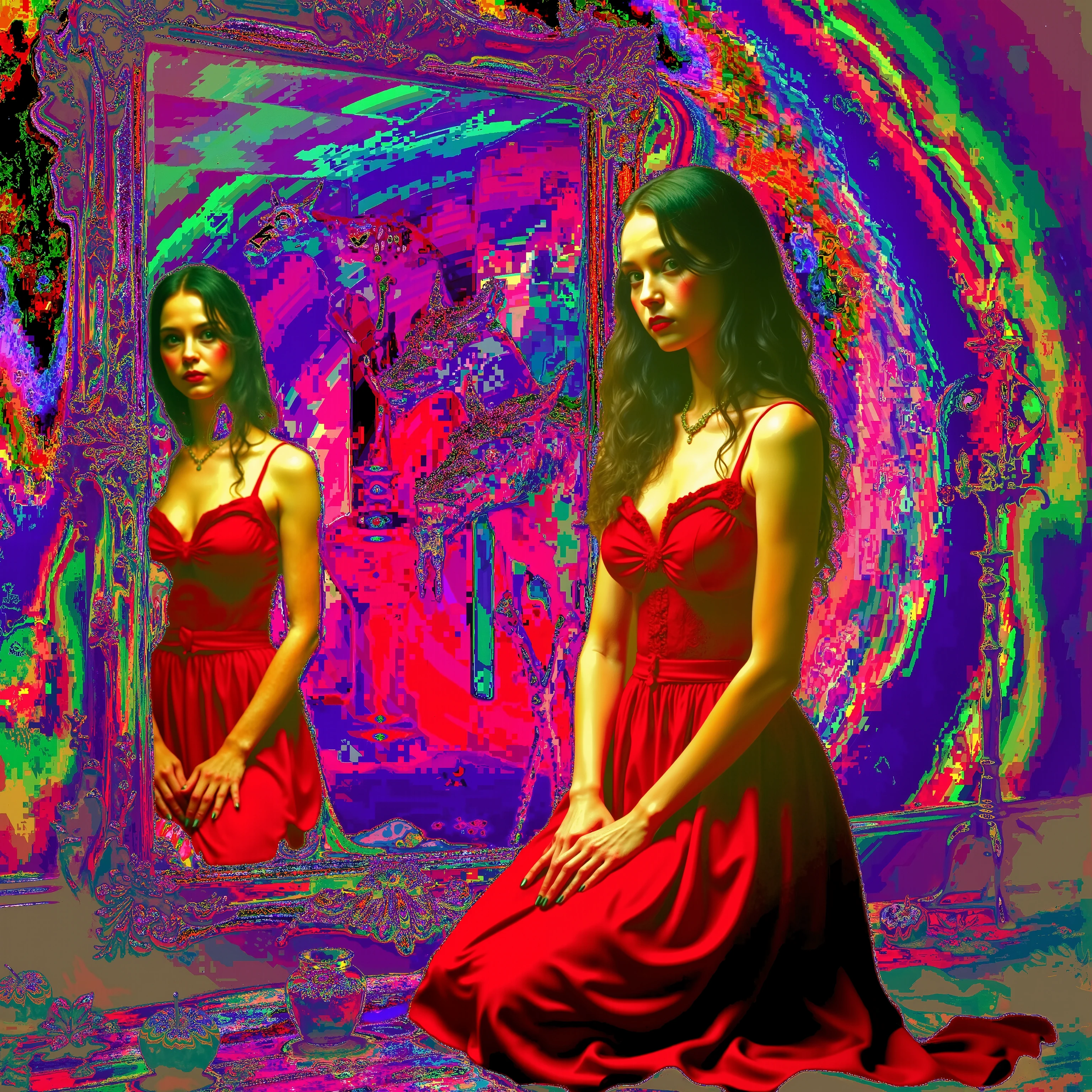 A vibrant and surreal image showcases a figure adorned in an intricate costume. The person is wearing an orange robe with an elaborate lace-like design running along the edges, complemented by a teal belt tied in an ornate knot. The skin has a blue, textured appearance, creating an otherworldly vibe. Horn-like appendages extend upwards and outwards from the head, blending with the fantastical background filled with vivid, psychedelic patterns. Bright colors in neon shades of green, pink, blue, and yellow create a kaleidoscopic atmosphere, as if setting the scene in a digital dreamscape or alternate dimension. The scene captures a sense of mystical elegance, possibly from a science fiction or fantasy narrative, drawing the viewer into an imaginative and vibrant world.