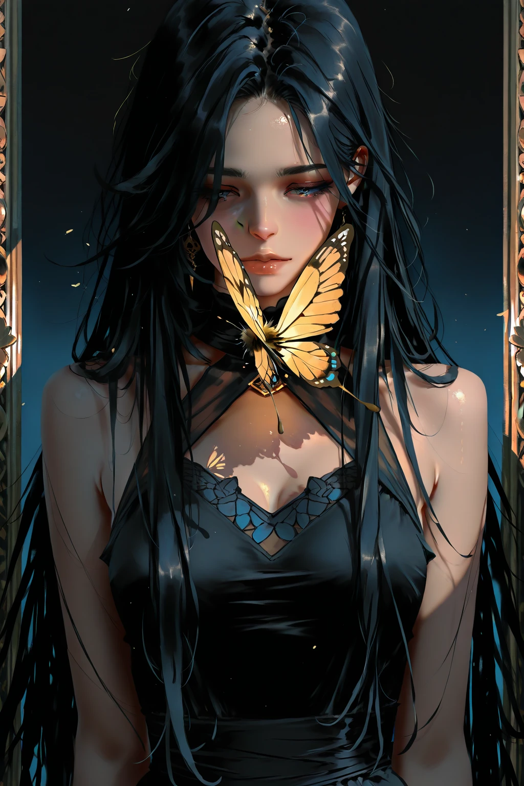 ((Beautiful woman in black)), black skin、butterflies dance、spiritual、Tao、spirit、Conceptual art, Contemporary art, multiple、UHD, retina, anatomically correct, textured skin, masterpiece, super detail, award winning, 8k