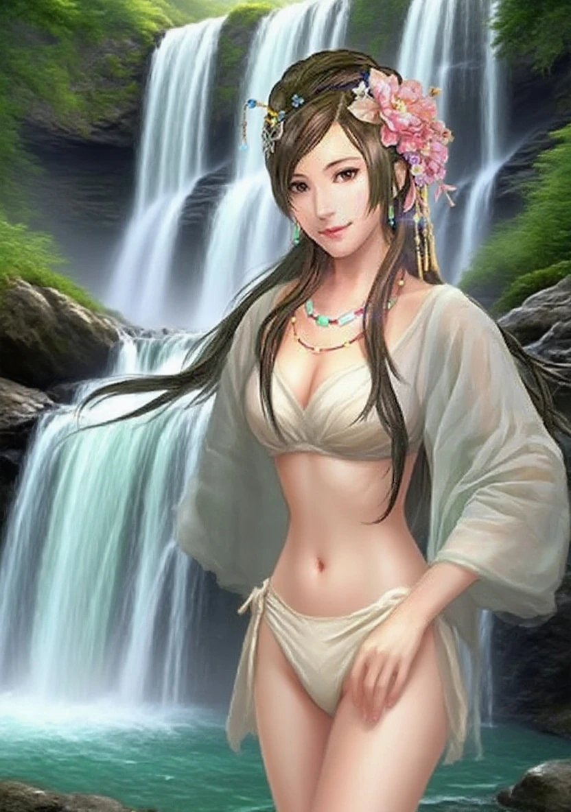 st.louis,  masterpiece, best quality, official art, 8k wallpaper, highly detailed, illustration, 1 girl,  black hair, bamboo forrest, bare shoulders, lakes, pure, look at viewer,