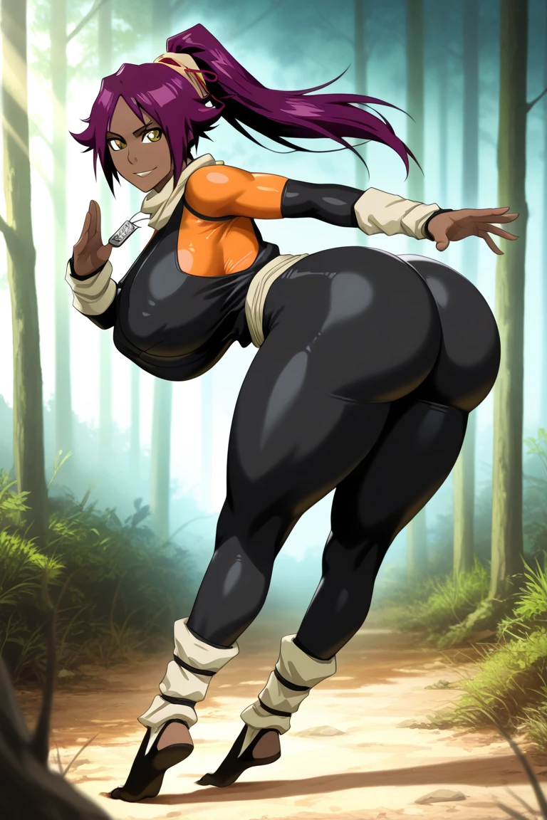 muscle girl,huge breats,personagem tem uma pele escura,, cabelo preto com um moicano branco, , The character is wearing green pants, imagem frontal de um personagem musculoso, protagonista de anime, personagem heroico e poderoso. wearing kimono,, walking, full body, medieval village, cape ,scarf, vest, alone, full body,wearing kimono smile, flip flops, pole-shirt,,medieval village