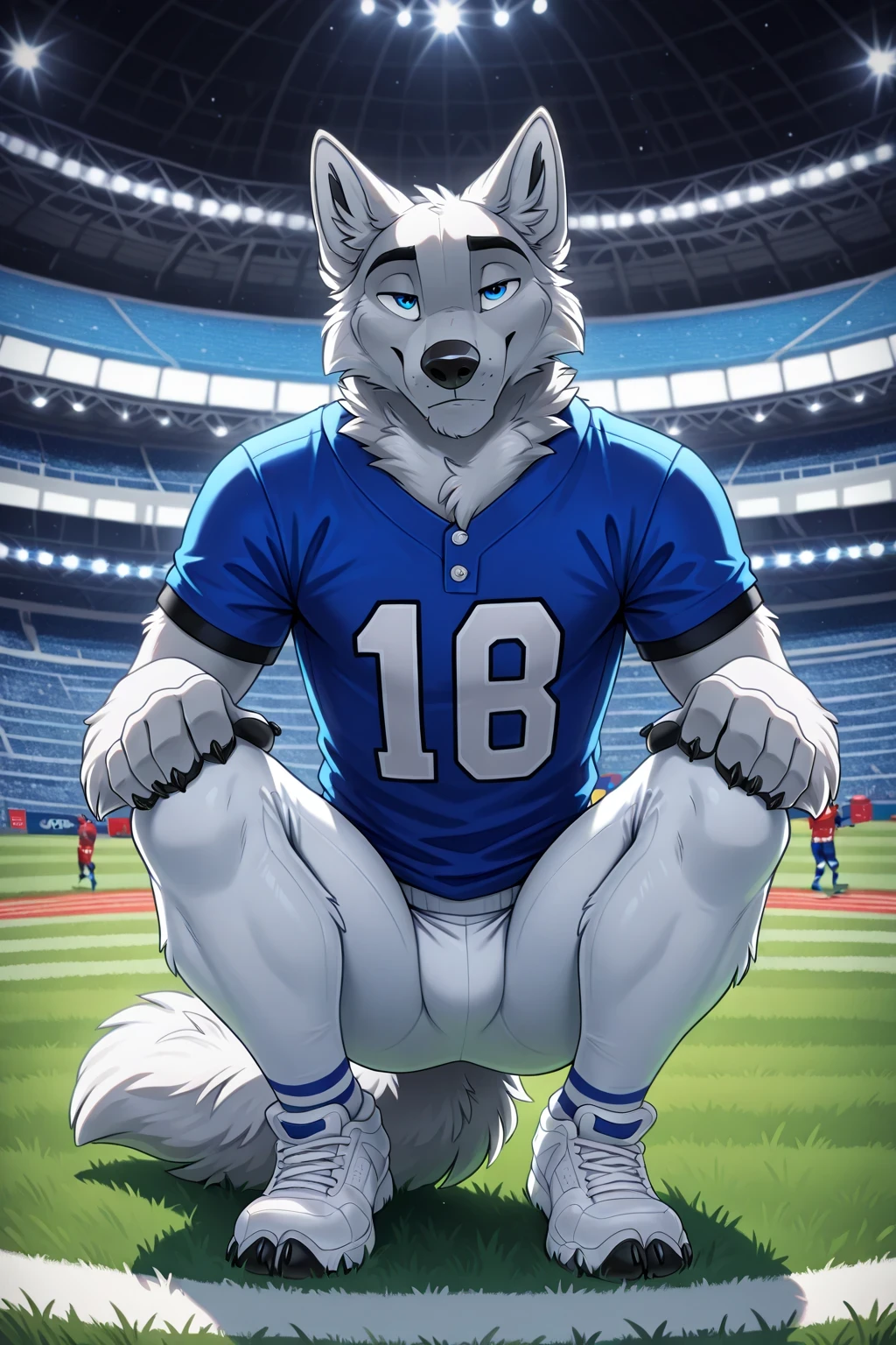 american football stadium background, blue eye, Reflections, full body, Anthropomorphic, Adult Wolf, without humans, by ango76 , Masterpiece, better quality,very aesthetic, newest, anthropoid, mammal, a child, Clothes, Alone, Porry , Porry Macho , blue eyes, Male Wolf, hairy male white wolf , squatting posture, claws, animal ears, high resolution, blue american football jersey, white spandex tights, white sneakers, wolf tail, front view of the spectator , squatting pose, hands on the knees , seductive expression