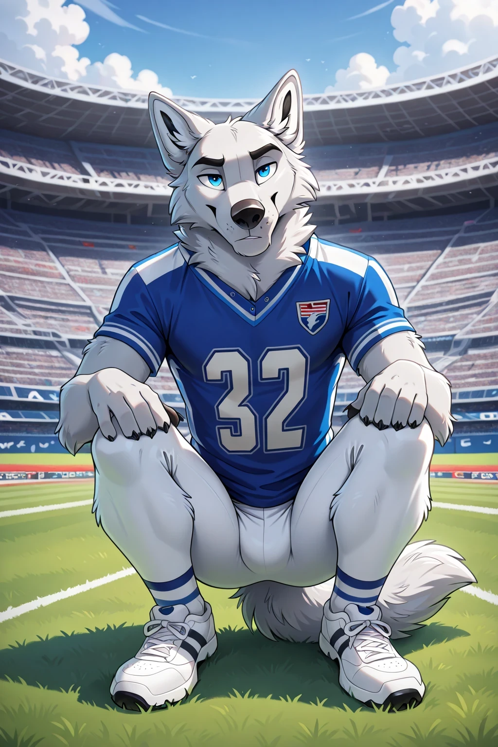 american football stadium background, blue eye, Reflections, full body, Anthropomorphic, Adult Wolf, without humans, by ango76 , Masterpiece, better quality,very aesthetic, newest, anthropoid, mammal, a child, Clothes, Alone, Porry , Porry Macho , blue eyes, Male Wolf, hairy male white wolf , squatting posture, claws, animal ears, high resolution, blue american football jersey, white spandex tights, white sneakers, wolf tail, front view of the spectator , squatting pose, hands on the knees , seductive expression