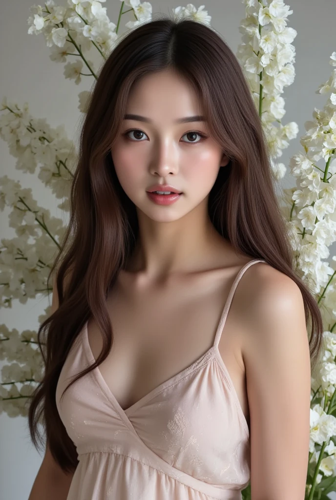 8K, Fullbody photoshoot, (editorial photograph of a 17 year old woman like jennie kim face), perfect tiny pointed nose, perfect sexy lip, (highly detailed face:1.4) (smile:0.7) (hyper bright white skin)(gigantic H CUP breasts size), (long elegant hairstyle), (happy), wearing floral print summer dress , (nikon d850, film stock photograph ,4 kodak portrait 400 ,camera f1.6 lens ,hyper realistic ,lifelike texture, dramatic super bright lighting
