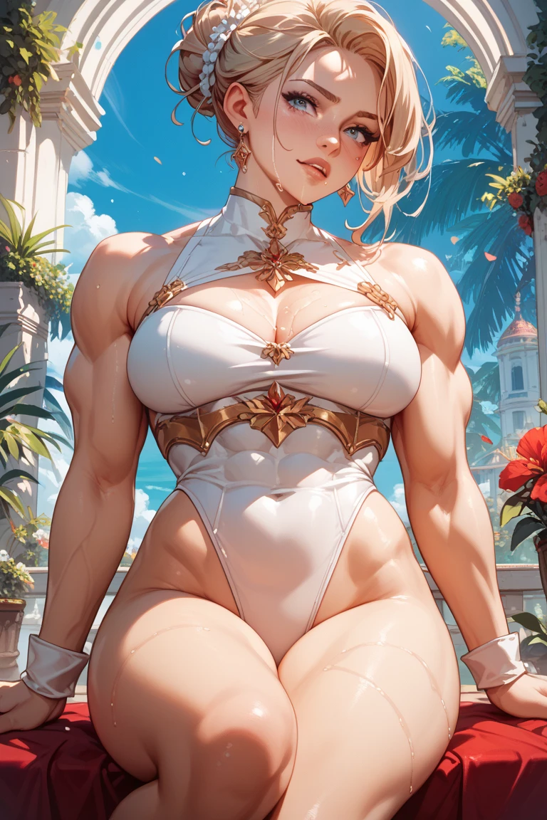 (((best quality))), (((high resolution))), (((masterpiece))), ((ultra-detailed)), (illustration), ((an extremely delicate and beautiful)), ((super detail)), (((20 years old))), ((adult)), (((tall))), gleaming skin, shiny body, breast focus, (((((ultra-huge breasts))))), elegant smile, ((big round eyes)), cute eyes, drooping eyes, two hands, five fingers, no extra hands, two legs, slender legs, ((biopunk)), ((metallic cloth)), (android), gynoid, delicate metal decorations, (medium length hair), (hair shorter than shoulder), braid, (see-through), mini skirt, ((midriff-baring outfit)), (shining brightly), outdoor, daytime, city, (dark blond), (super heroine), (cheerleader), ((metallic pink)), (metallic shining bikini), camel toe, sit with legs stretched out, (((sfw))),