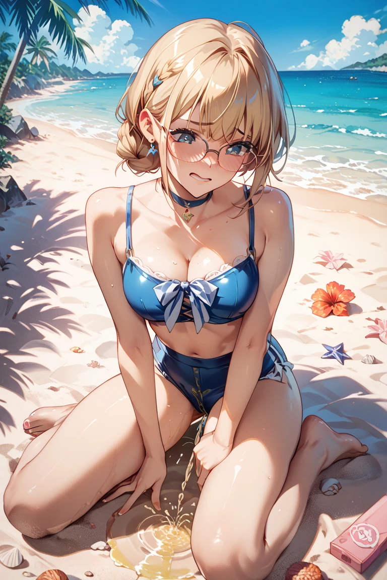 Highest quality、Japanese、Poolside、sit、Blue Bikini、Sunburned skin、Sweaty skin、The crotch is swollen、smile、Short Hair、15 years old、Small breasts